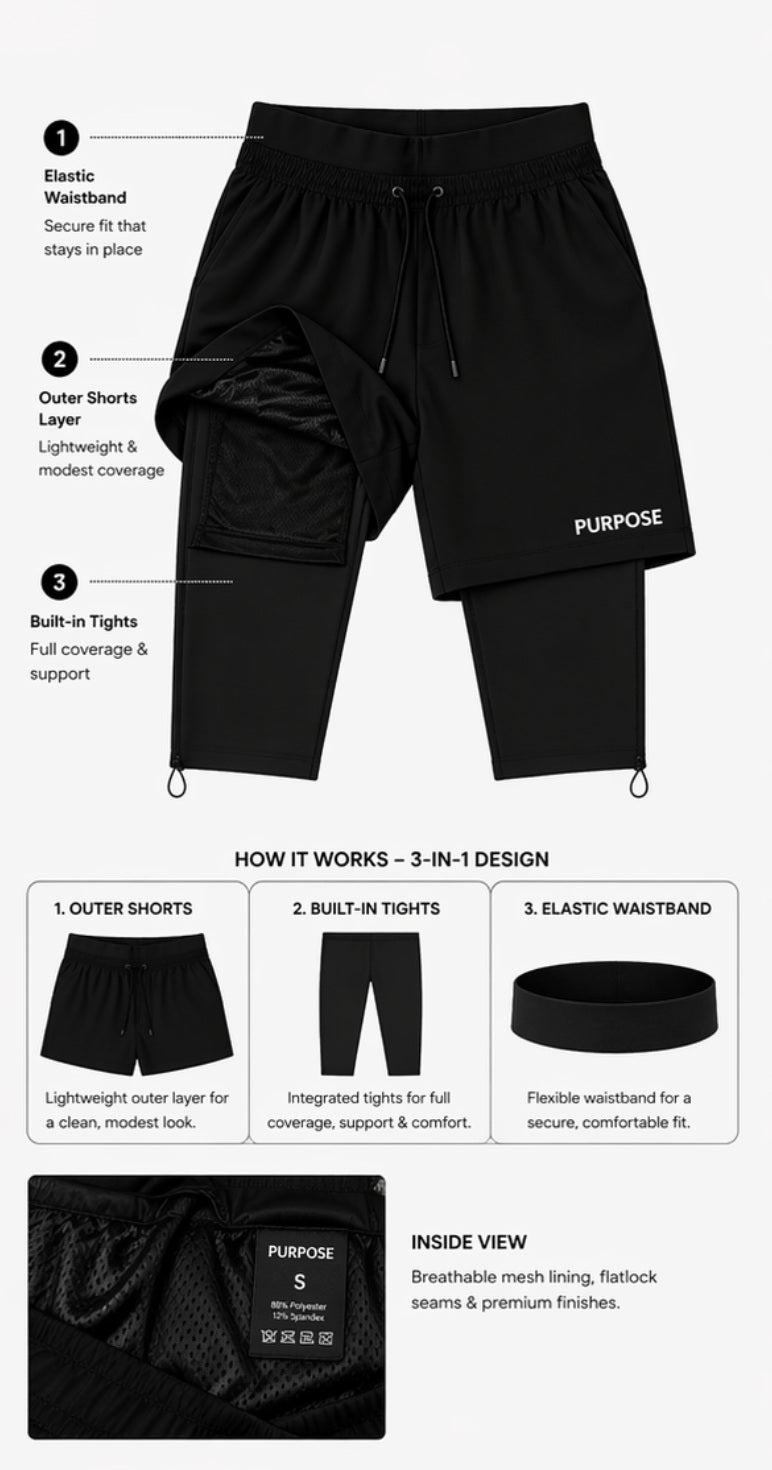 Short de sport halal 3-en-1 premium — Collant intégré et ceinture de maintien